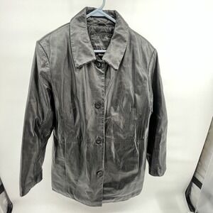 Kathy Ireland Womens Black Genuine‎ Leather Button Front Blazer Jacket Large